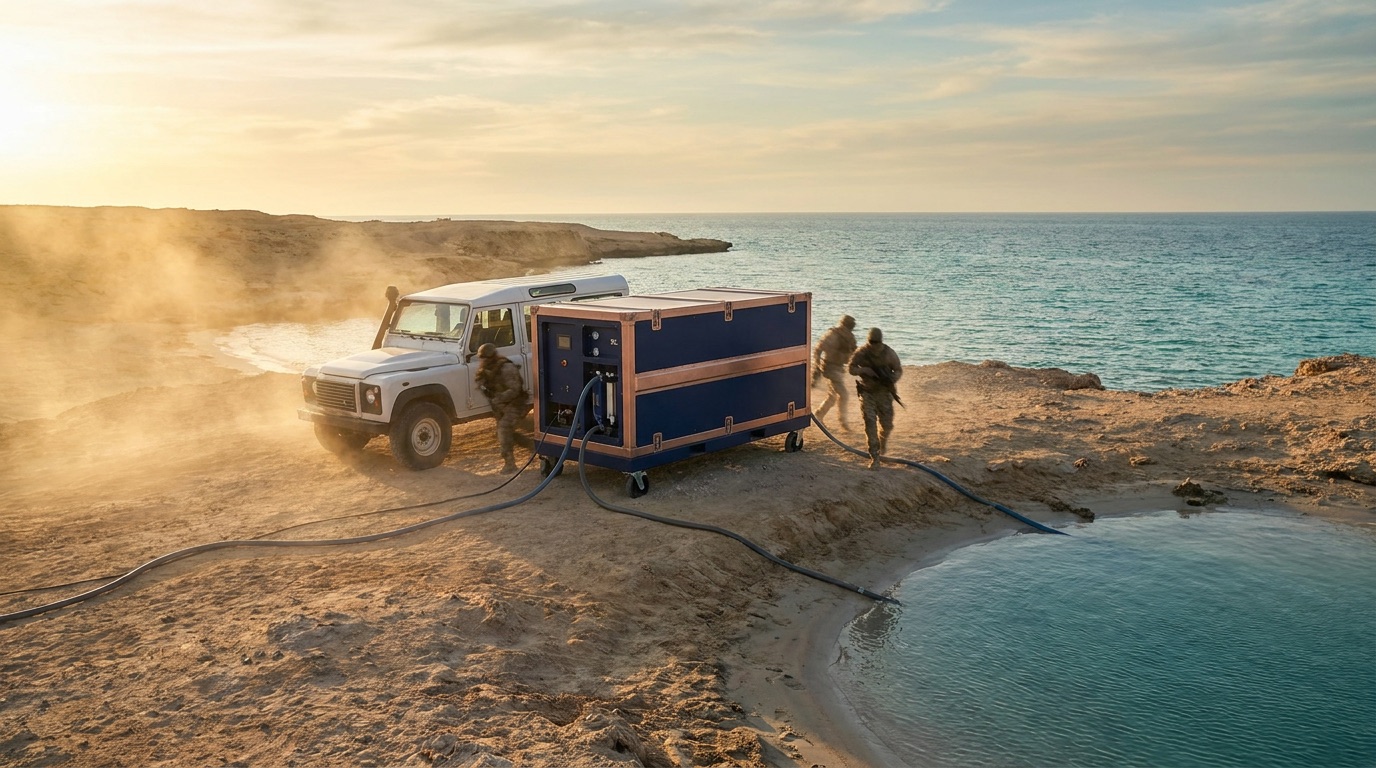 Portable desalination unit deployed at a remote coastline