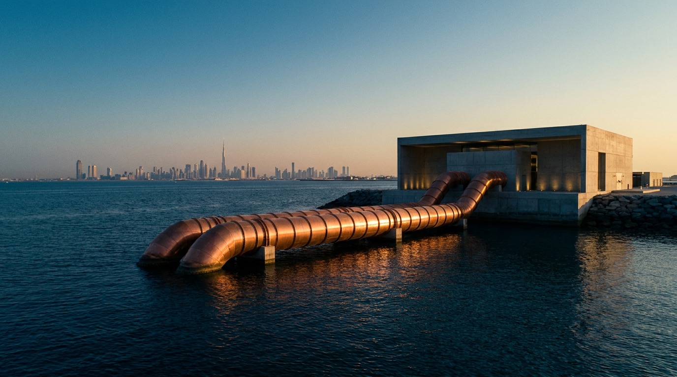 Gulf coastline water-intake pipelines at golden hour
