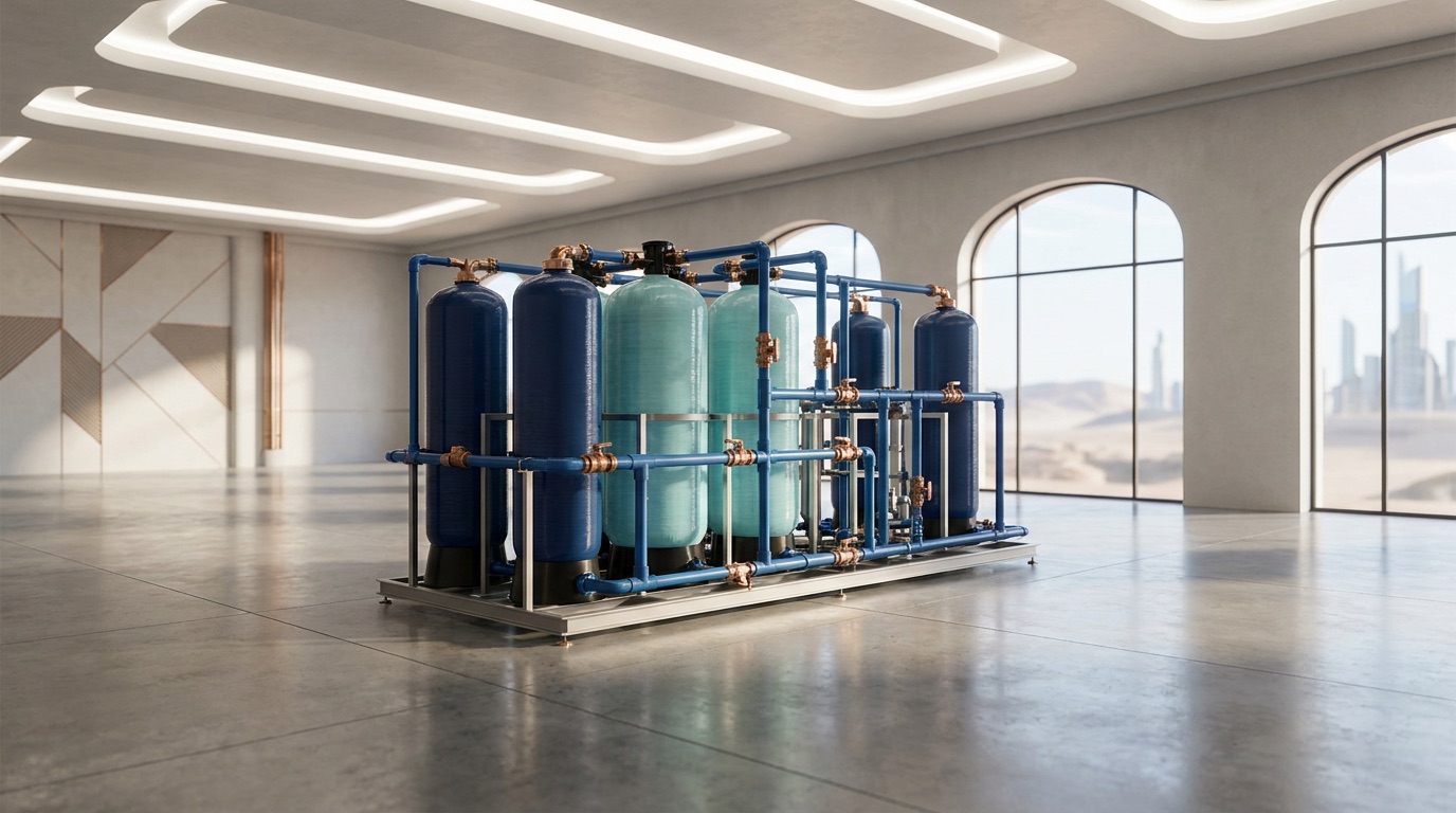 Industrial water-treatment skid with filtration vessels