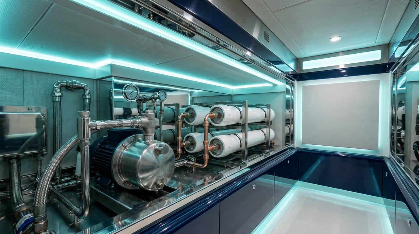 Marine watermaker in yacht engine room