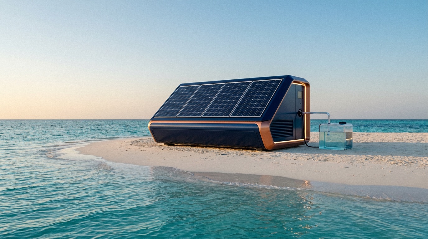 Solar-powered desalination on island beach